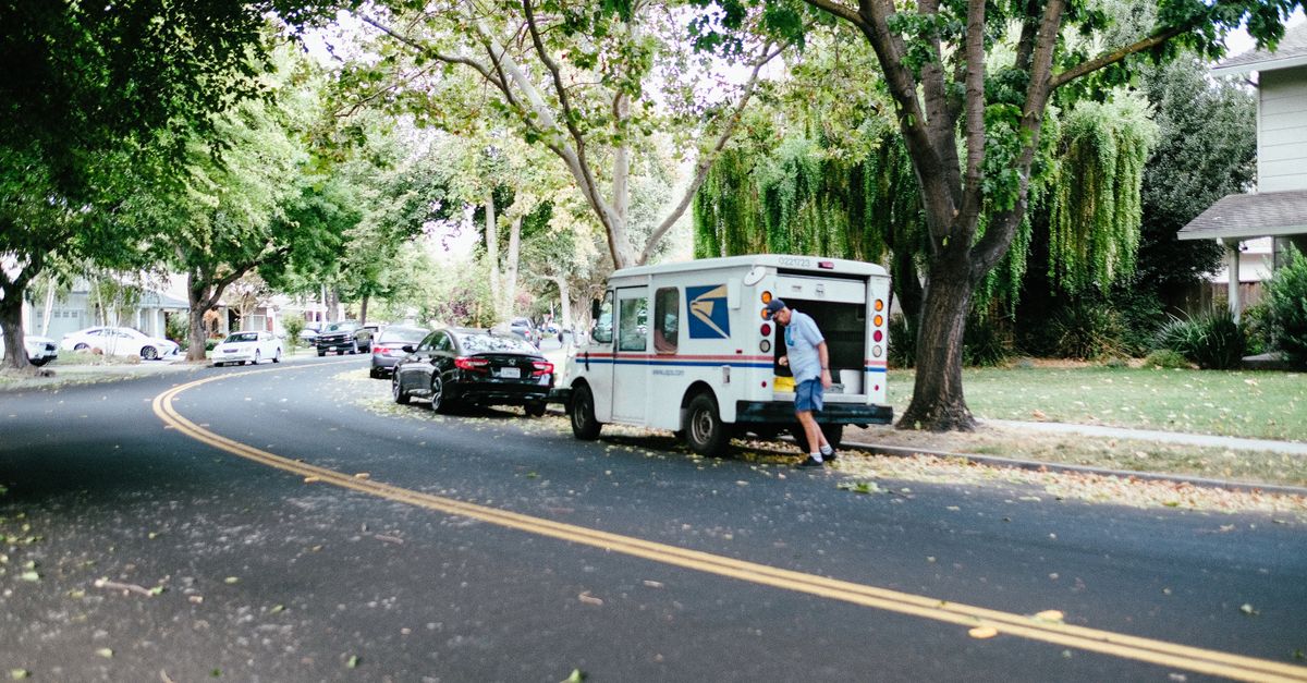 A US mail carrier retrieves packages from a postal van on a peaceful tree-lined street.