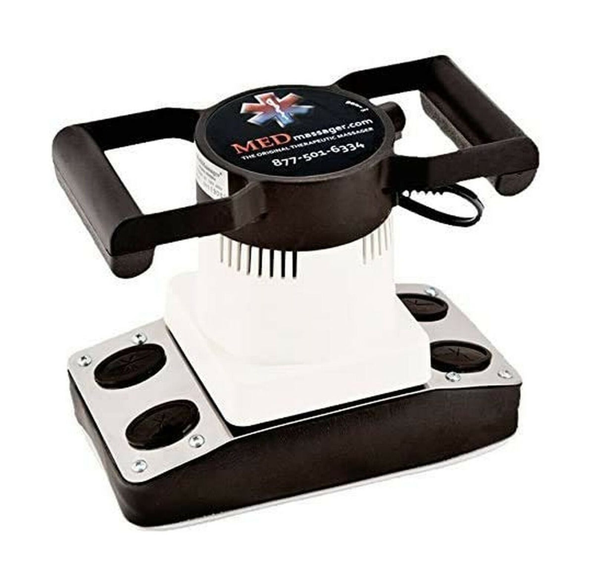 A black and white MedMassager MMB04 Body Massager features two handles, a flat rectangular base with rubber pads, and a visible power cord—ideal for pain relief. The top label displays the brand name and contact details.