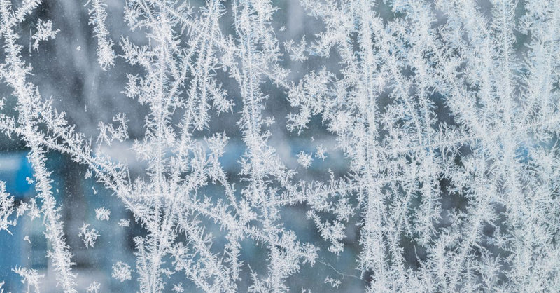 Close-up view of delicate frost patterns on a window capturing winter's icy beauty.